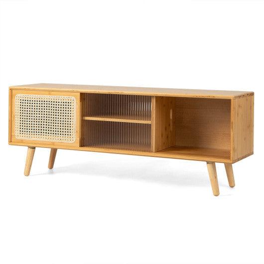 Modern TV Stand with Rattan Glass Sliding Doors-Natural at Set Shop and Smile