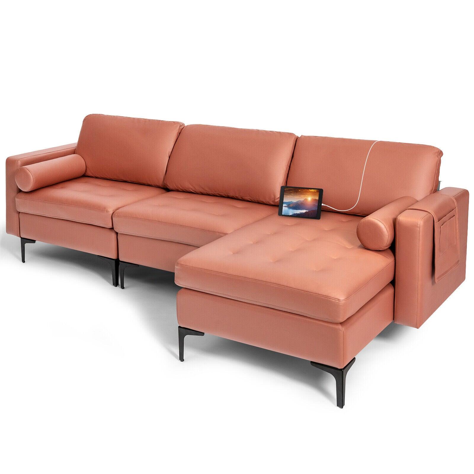 Modular L-shaped Sectional Sofa with Reversible Chaise and 2 USB Ports-Pink at Set Shop and Smile
