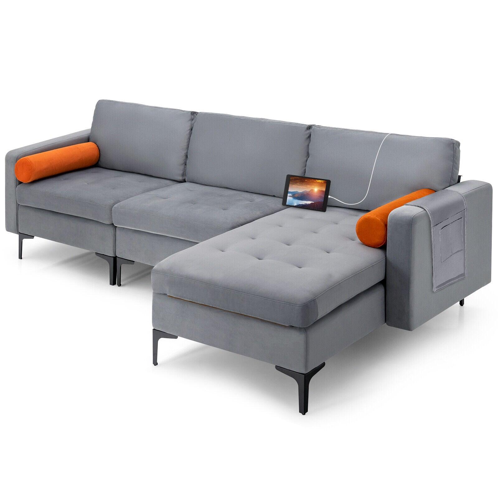 Modular L-shaped 3-Seat Sectional Sofa with Reversible Chaise and 2 USB Ports-Gray at Set Shop and Smile