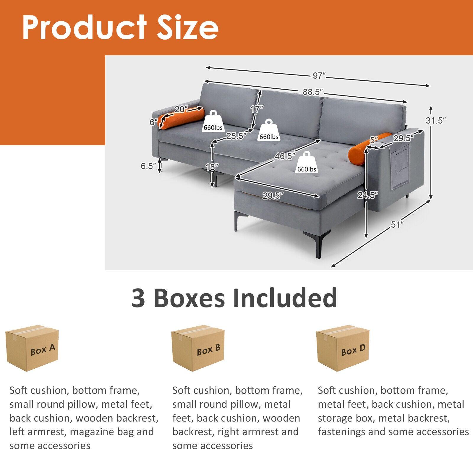 Modular L-shaped 3-Seat Sectional Sofa with Reversible Chaise and 2 USB Ports-Gray at Set Shop and Smile