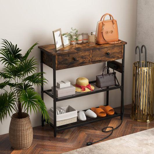 Narrow Console Table with 2 Drawers and 2 Metal Mesh Shelves-Rustic Brown at Set Shop and Smile