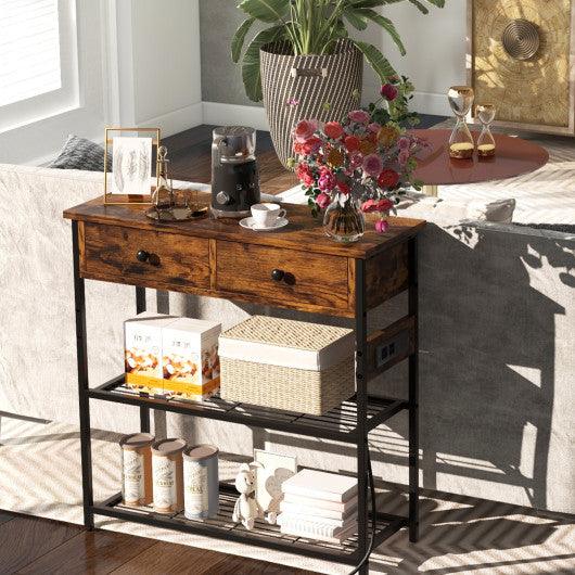 Narrow Console Table with 2 Drawers and 2 Metal Mesh Shelves-Rustic Brown at Set Shop and Smile
