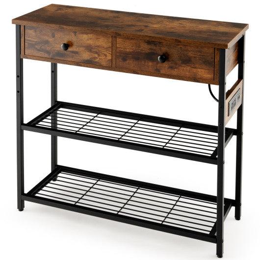 Narrow Console Table with 2 Drawers and 2 Metal Mesh Shelves-Rustic Brown at Set Shop and Smile