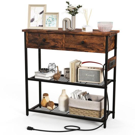 Narrow Console Table with 2 Drawers and 2 Metal Mesh Shelves-Rustic Brown at Set Shop and Smile