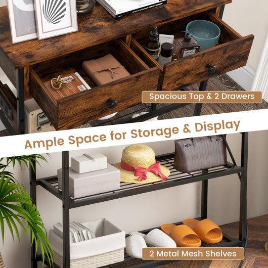 Narrow Console Table with 2 Drawers and 2 Metal Mesh Shelves-Rustic Brown at Set Shop and Smile