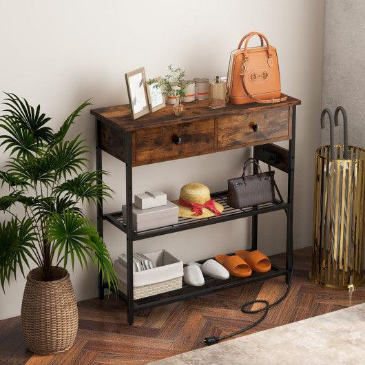 Narrow Console Table with 2 Drawers and 2 Metal Mesh Shelves-Rustic Brown at Set Shop and Smile