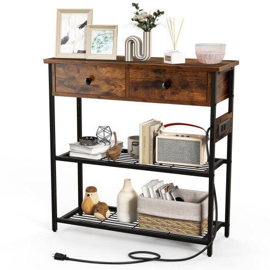 Narrow Console Table with 2 Drawers and 2 Metal Mesh Shelves-Rustic Brown at Set Shop and Smile