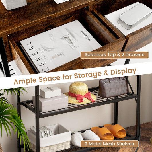 Narrow Console Table with 2 Drawers and 2 Metal Mesh Shelves-Rustic Brown at Set Shop and Smile