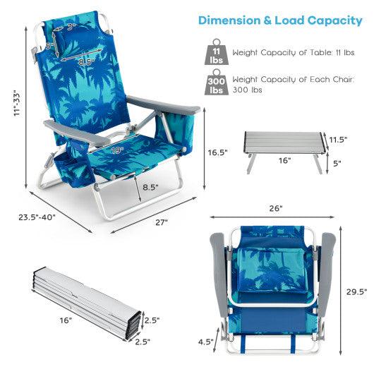 2 Packs 5-Position Outdoor Folding Backpack Beach Table Chair Reclining Chair Set-Navy at Set Shop and Smile