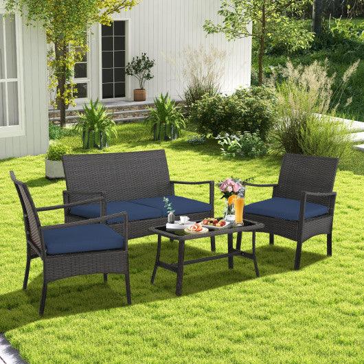 4 Pieces Outdoor Rattan Conversation Set with Tempered Glass Coffee Table-Navy at Set Shop and Smile
