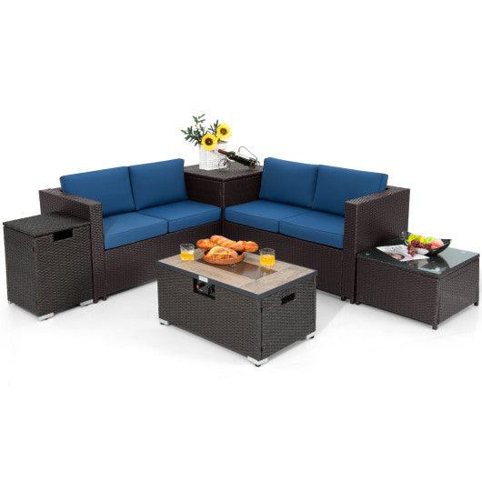 6 Pieces Outdoor Wicker Furniture Set with 32 Inch Propane Fire Pit Table-Navy at Set Shop and Smile