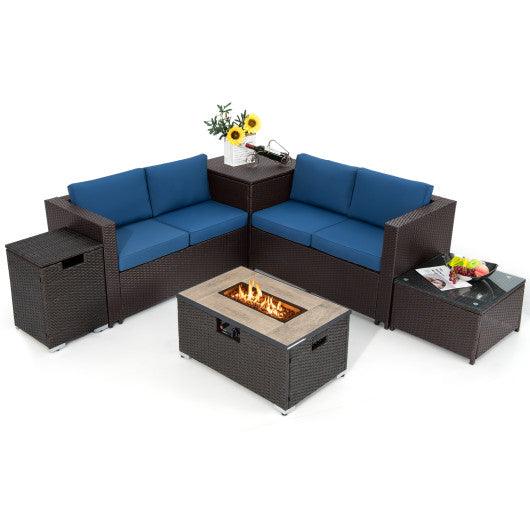 6 Pieces Outdoor Wicker Furniture Set with 32 Inch Propane Fire Pit Table-Navy at Set Shop and Smile