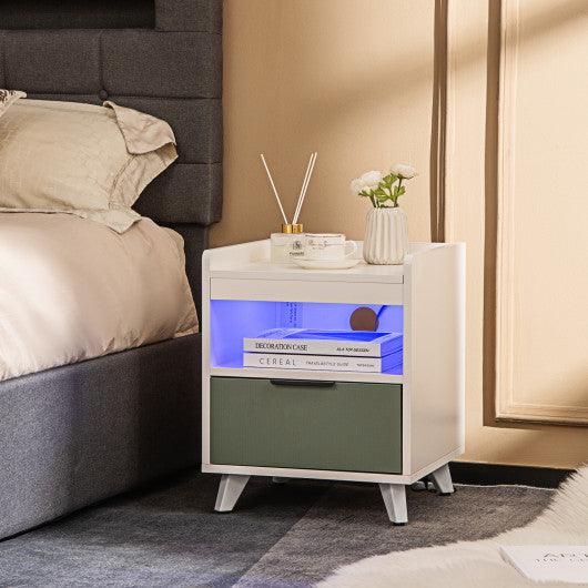 Modern Nightstand with LED Lights Sliding Drawer and Open Compartment-White at Set Shop and Smile