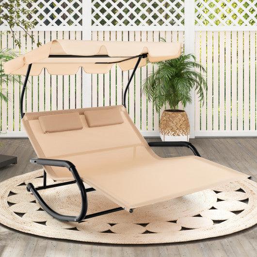 Outdoor 2 Persons Rocking Chaise Lounge with Canopy and Wheels-Beige at Set Shop and Smile