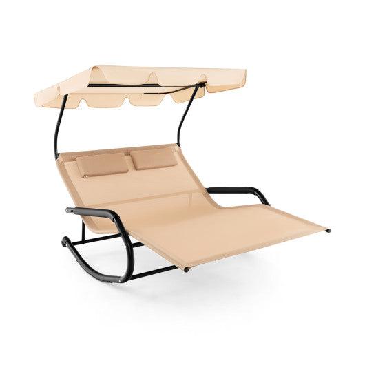 Outdoor 2 Persons Rocking Chaise Lounge with Canopy and Wheels-Beige at Set Shop and Smile