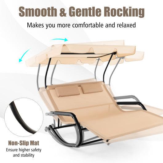 Outdoor 2 Persons Rocking Chaise Lounge with Canopy and Wheels-Beige at Set Shop and Smile