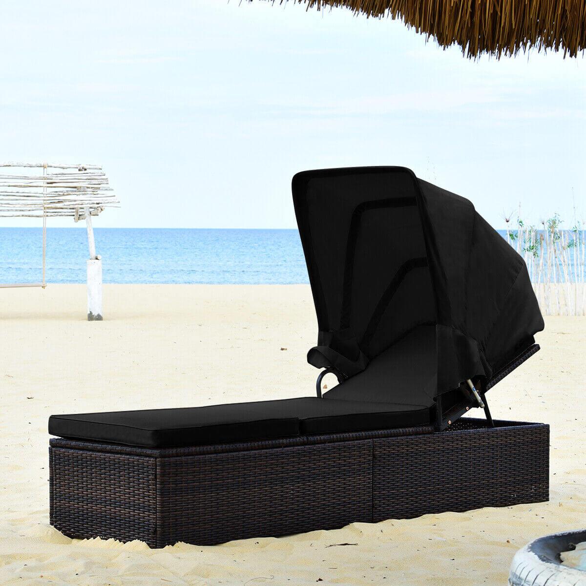 Outdoor Adjustable Cushioned Chaise Lounge Chair with Folding Canopy-Black at Set Shop and Smile