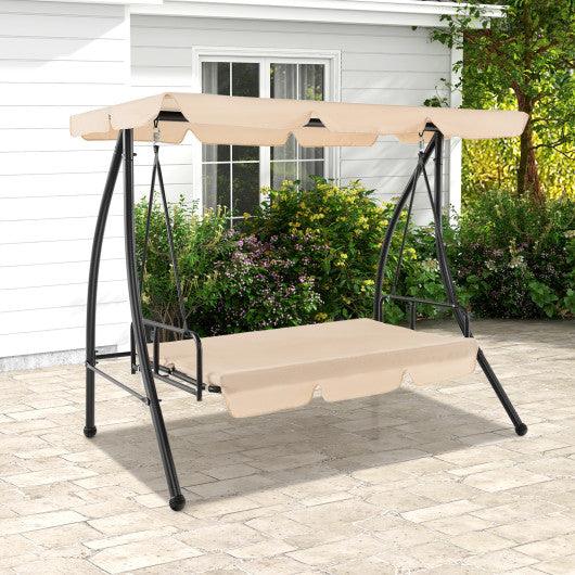 2-Seat Outdoor Convertible Swing Chair with Flat Bed and Adjustable Canopy-Beige at Set Shop and Smile