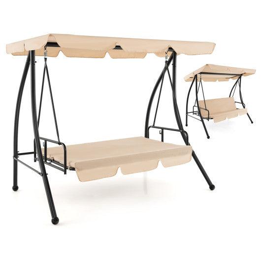 2-Seat Outdoor Convertible Swing Chair with Flat Bed and Adjustable Canopy-Beige at Set Shop and Smile