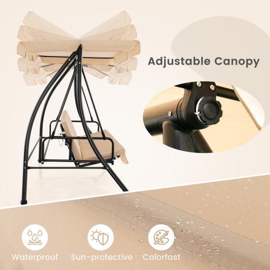 2-Seat Outdoor Convertible Swing Chair with Flat Bed and Adjustable Canopy-Beige at Set Shop and Smile