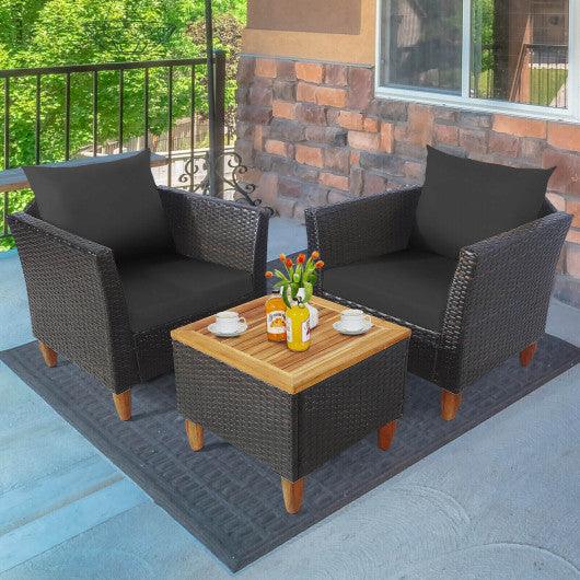 3 Pieces Patio Rattan Bistro Furniture Set with Wooden Table Top-Black at Set Shop and Smile