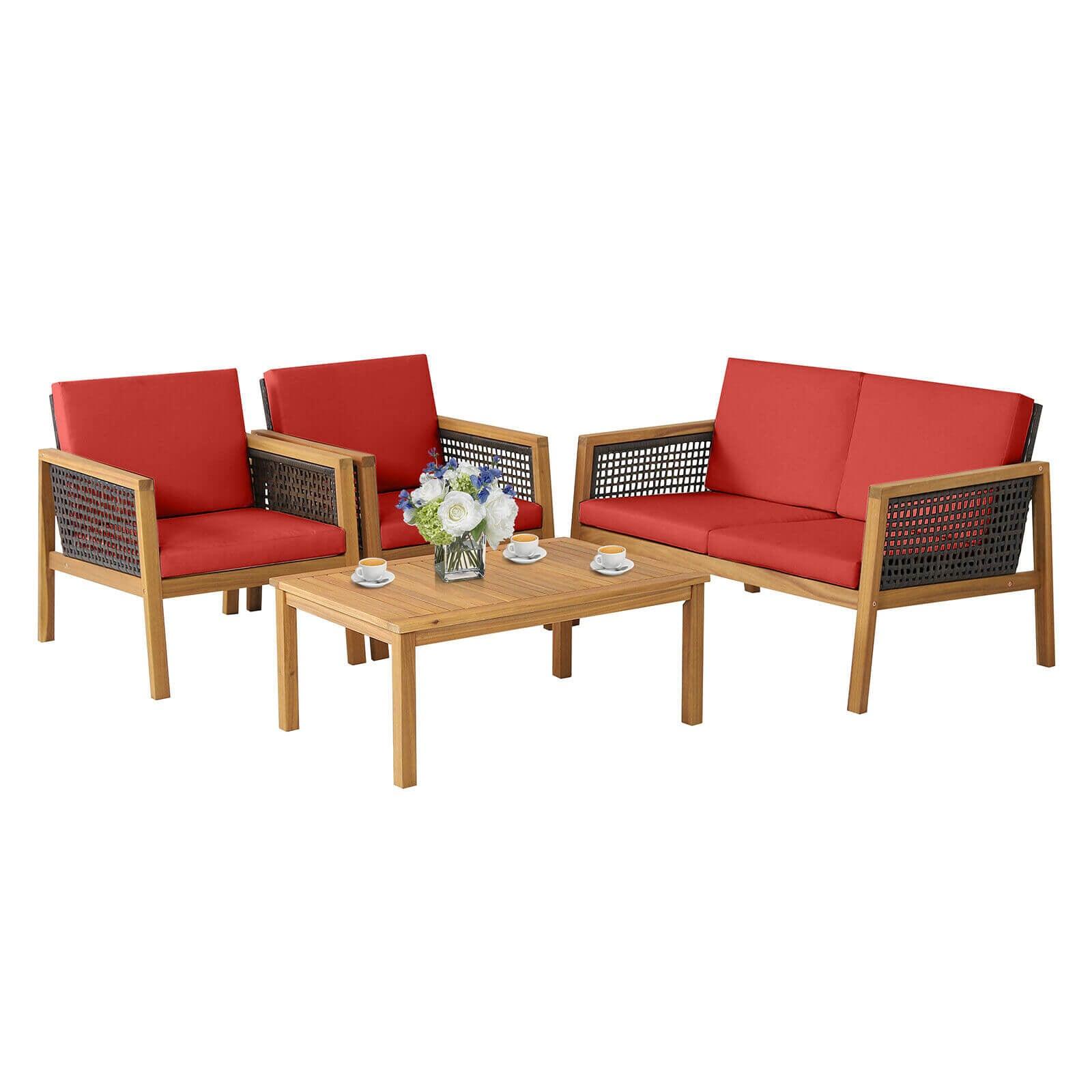 4 Pieces Patio Rattan Furniture Set with Removable Cushions-Red at Set Shop and Smile