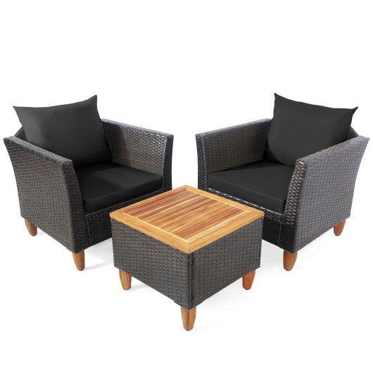 3 Pieces Patio Rattan Bistro Furniture Set with Wooden Table Top-Black at Set Shop and Smile