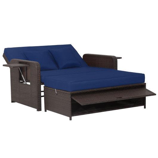 Patio Rattan Daybed with 4-Level Adjustable Backrest and Retractable Side Tray-Navy at Set Shop and Smile