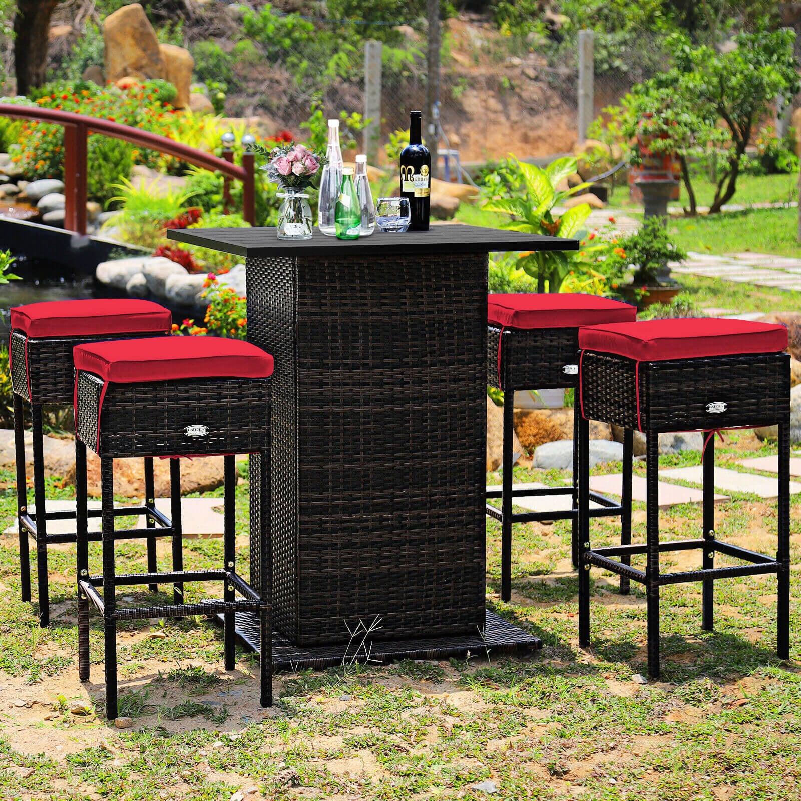 5 Pieces Patio Rattan Bar Table Stool Set Hidden Storage Shelf Cushioned-Red at Set Shop and Smile