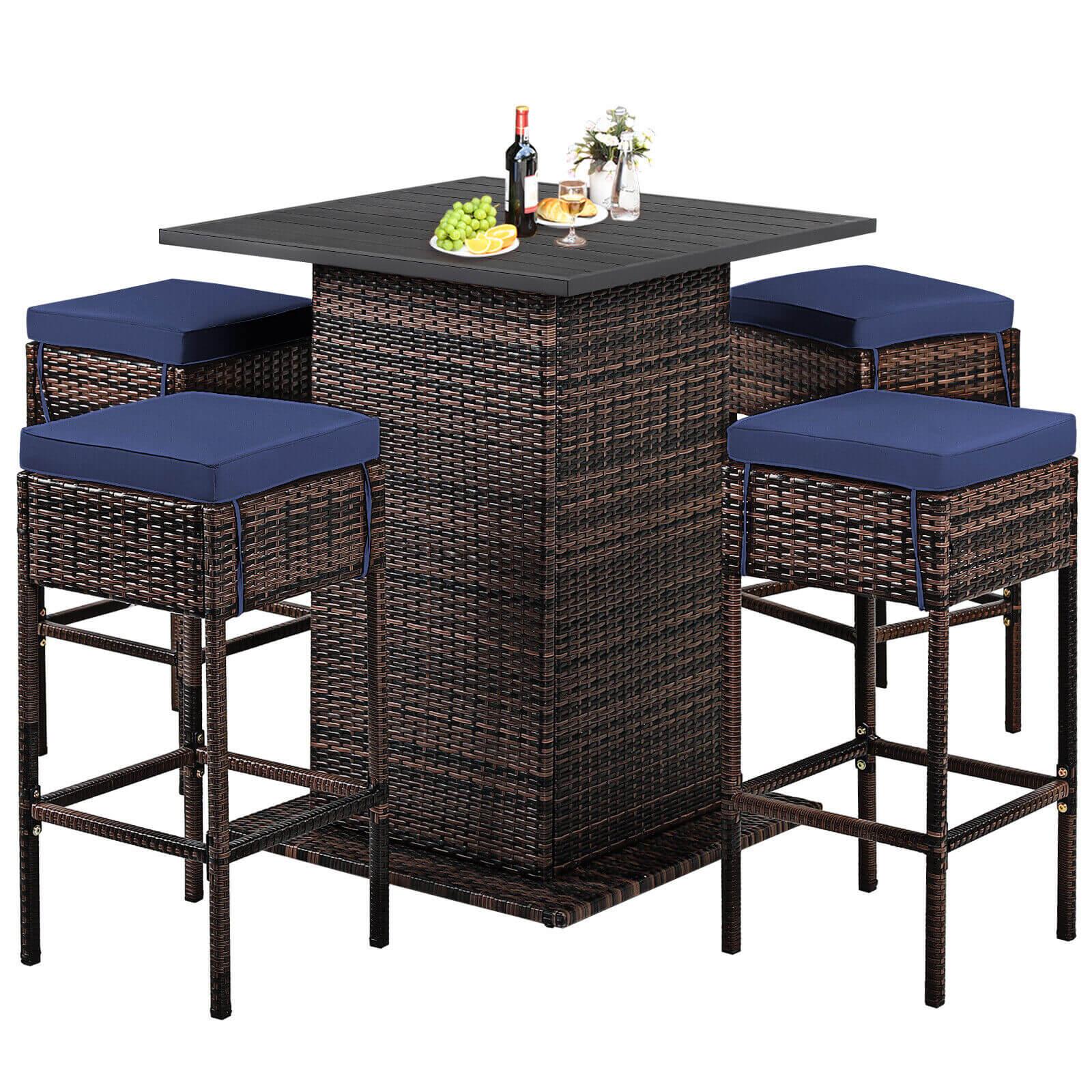 5 Pieces Patio Rattan Bar Table Stool Set Hidden Storage Shelf Cushioned-Navy at Set Shop and Smile