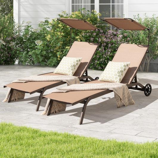 Patio Heavy-Duty Adjustable Chaise Lounge Chair with Canopy Cup holder and Wheels-Brown at Set Shop and Smile