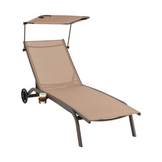 Patio Heavy-Duty Adjustable Chaise Lounge Chair with Canopy Cup holder and Wheels-Brown at Set Shop and Smile