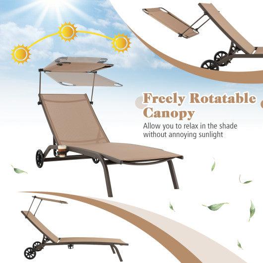 Patio Heavy-Duty Adjustable Chaise Lounge Chair with Canopy Cup holder and Wheels-Brown at Set Shop and Smile