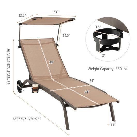 Patio Heavy-Duty Adjustable Chaise Lounge Chair with Canopy Cup holder and Wheels-Brown at Set Shop and Smile