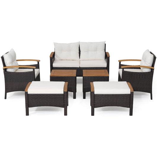 7 Piece Rattan Patio Sofa Set with Acacia Wood Tabletop and Armrests at Set Shop and Smile