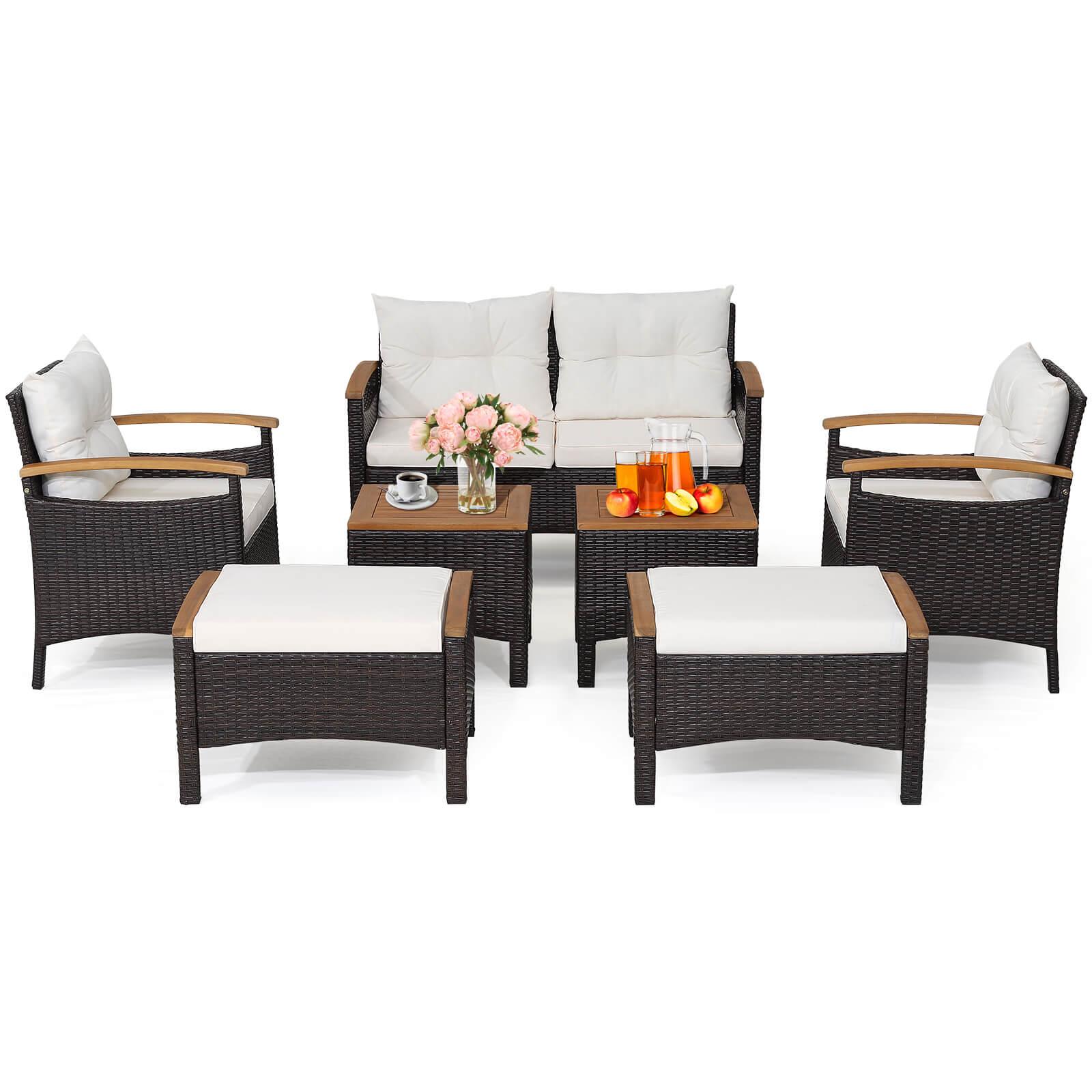 7 Piece Rattan Patio Sofa Set with Acacia Wood Tabletop and Armrests at Set Shop and Smile