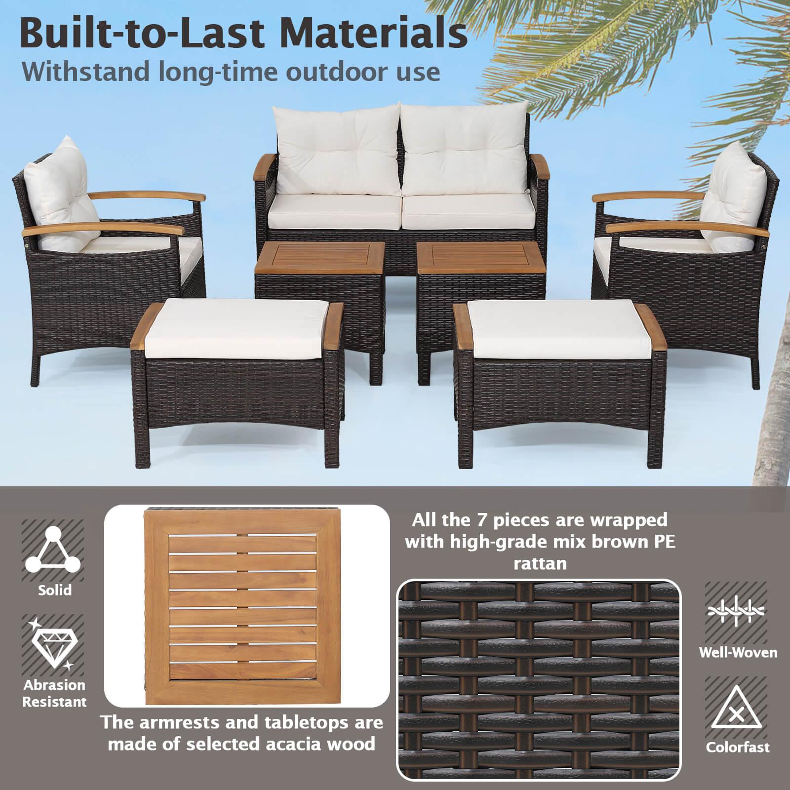 7 Piece Rattan Patio Sofa Set with Acacia Wood Tabletop and Armrests at Set Shop and Smile