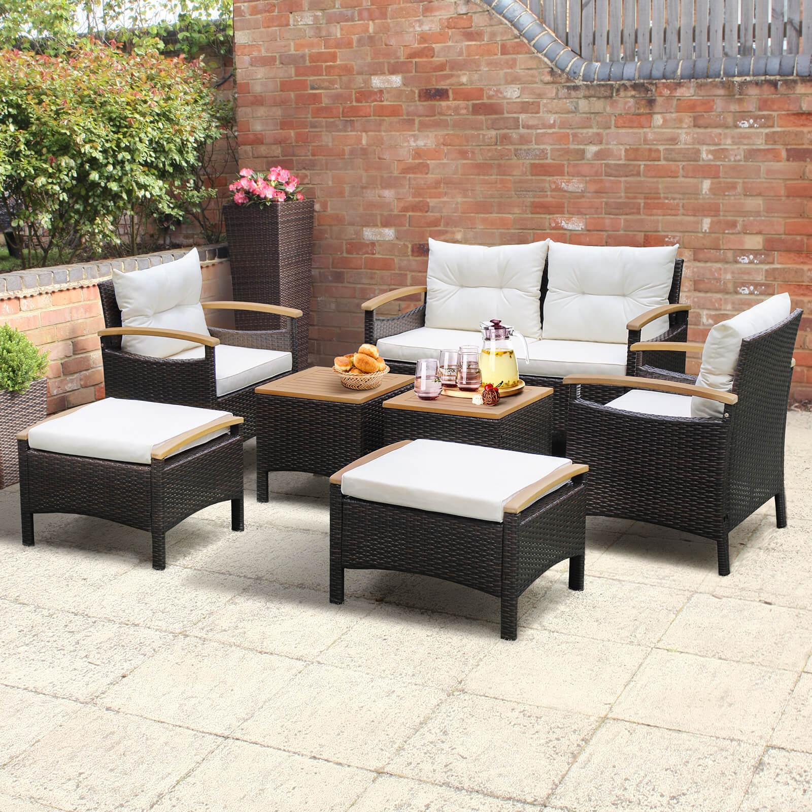 7 Piece Rattan Patio Sofa Set with Acacia Wood Tabletop and Armrests at Set Shop and Smile