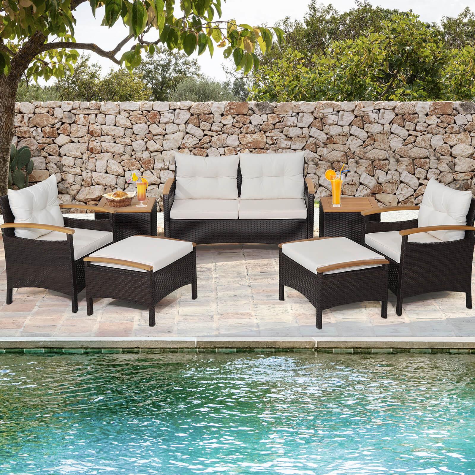 7 Piece Rattan Patio Sofa Set with Acacia Wood Tabletop and Armrests at Set Shop and Smile