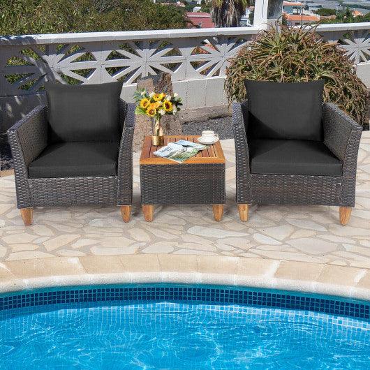 3 Pieces Patio Rattan Bistro Furniture Set with Wooden Table Top-Black at Set Shop and Smile