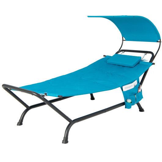 Patio Hanging Chaise Lounge Chair with Canopy Cushion Pillow and Storage Bag-Navy at Set Shop and Smile