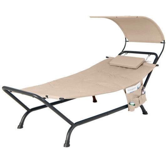 Patio Hanging Chaise Lounge Chair with Canopy Cushion Pillow and Storage Bag-Beige at Set Shop and Smile