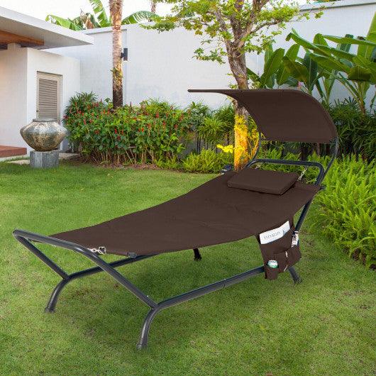 Patio Hanging Chaise Lounge Chair with Canopy Cushion Pillow and Storage Bag-Brown at Set Shop and Smile