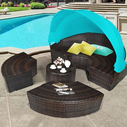 Patio Round Rattan Daybed with Retractable Canopy and Height Adjustable Coffee Table-Turquoise at Set Shop and Smile