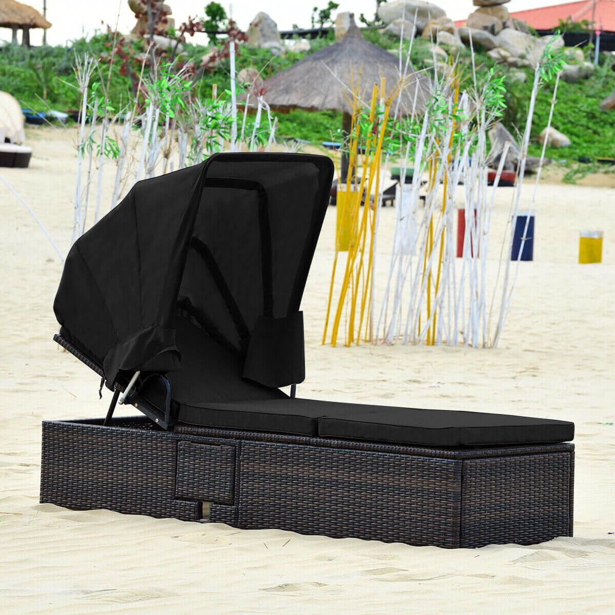Outdoor Adjustable Cushioned Chaise Lounge Chair with Folding Canopy-Black at Set Shop and Smile