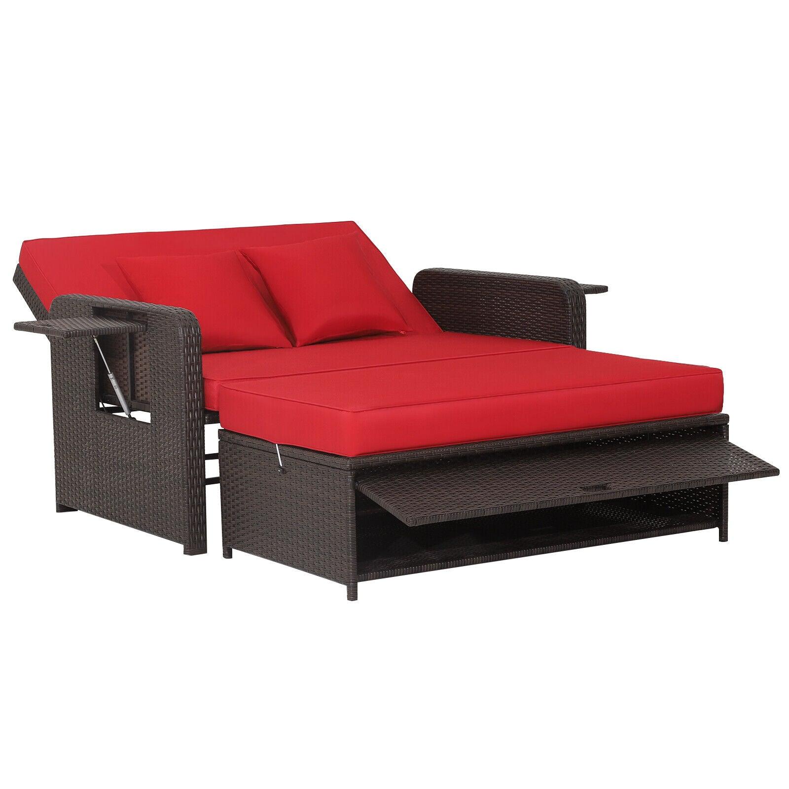 Patio Rattan Daybed with 4-Level Adjustable Backrest and Retractable Side Tray-Red at Set Shop and Smile