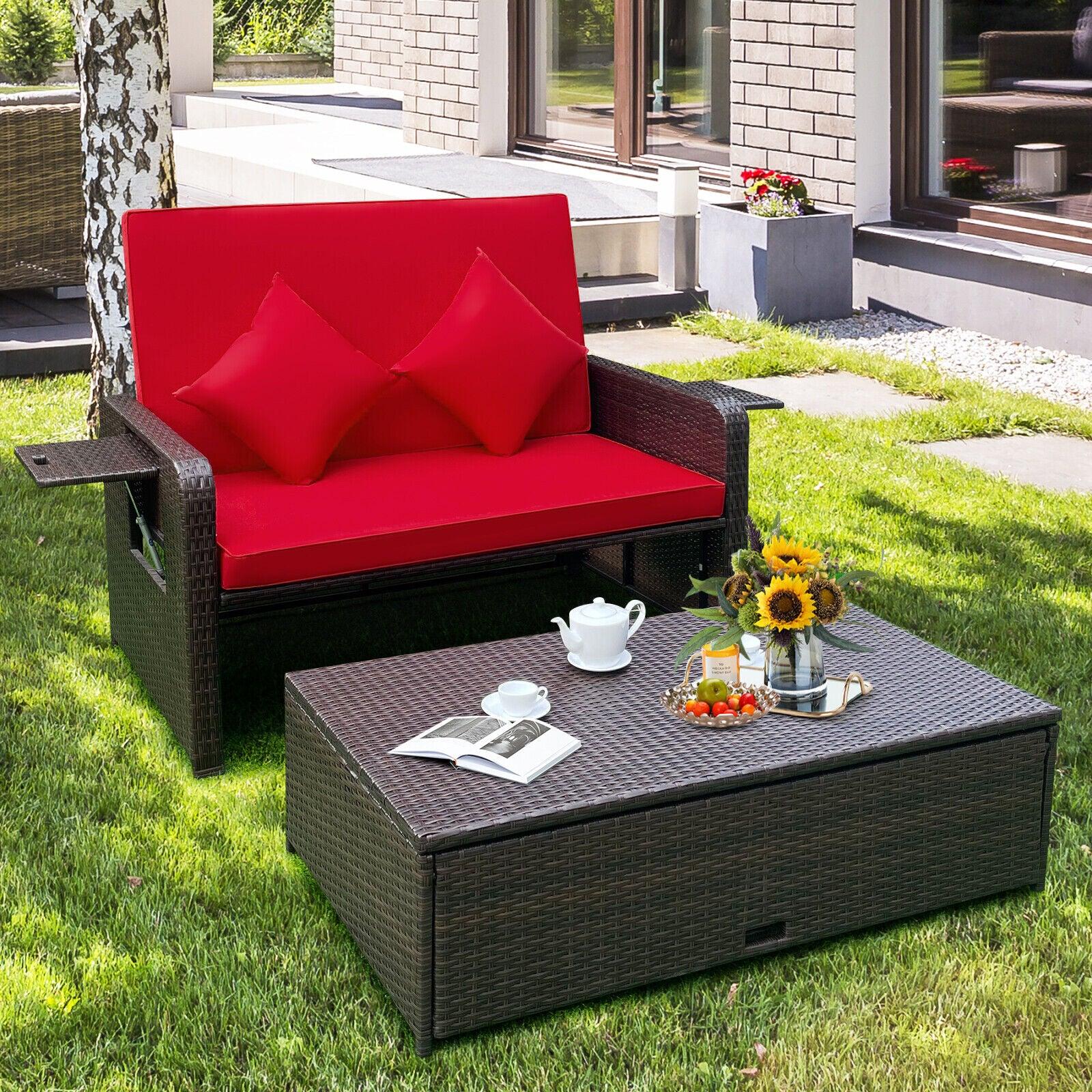 Patio Rattan Daybed with 4-Level Adjustable Backrest and Retractable Side Tray-Red at Set Shop and Smile