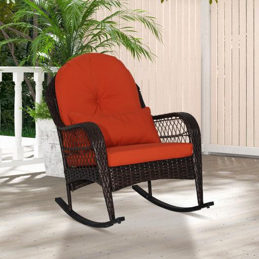Patio Rattan Rocking Chair with Seat Back Cushions and Waist Pillow-Orange at Set Shop and Smile