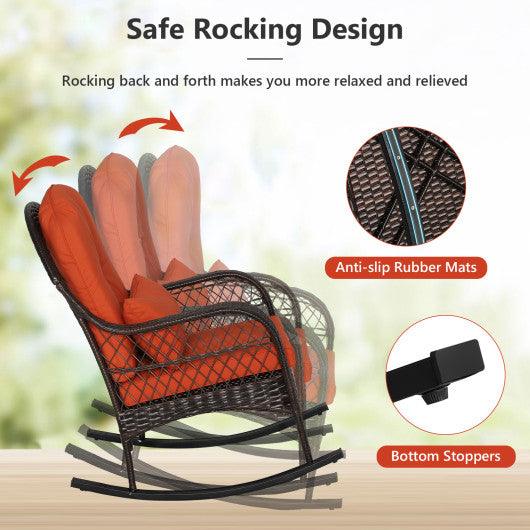 Patio Rattan Rocking Chair with Seat Back Cushions and Waist Pillow-Orange at Set Shop and Smile