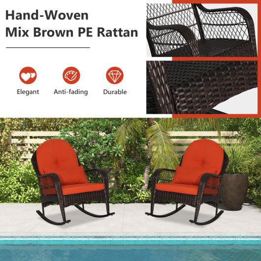 Patio Rattan Rocking Chair with Seat Back Cushions and Waist Pillow-Orange at Set Shop and Smile